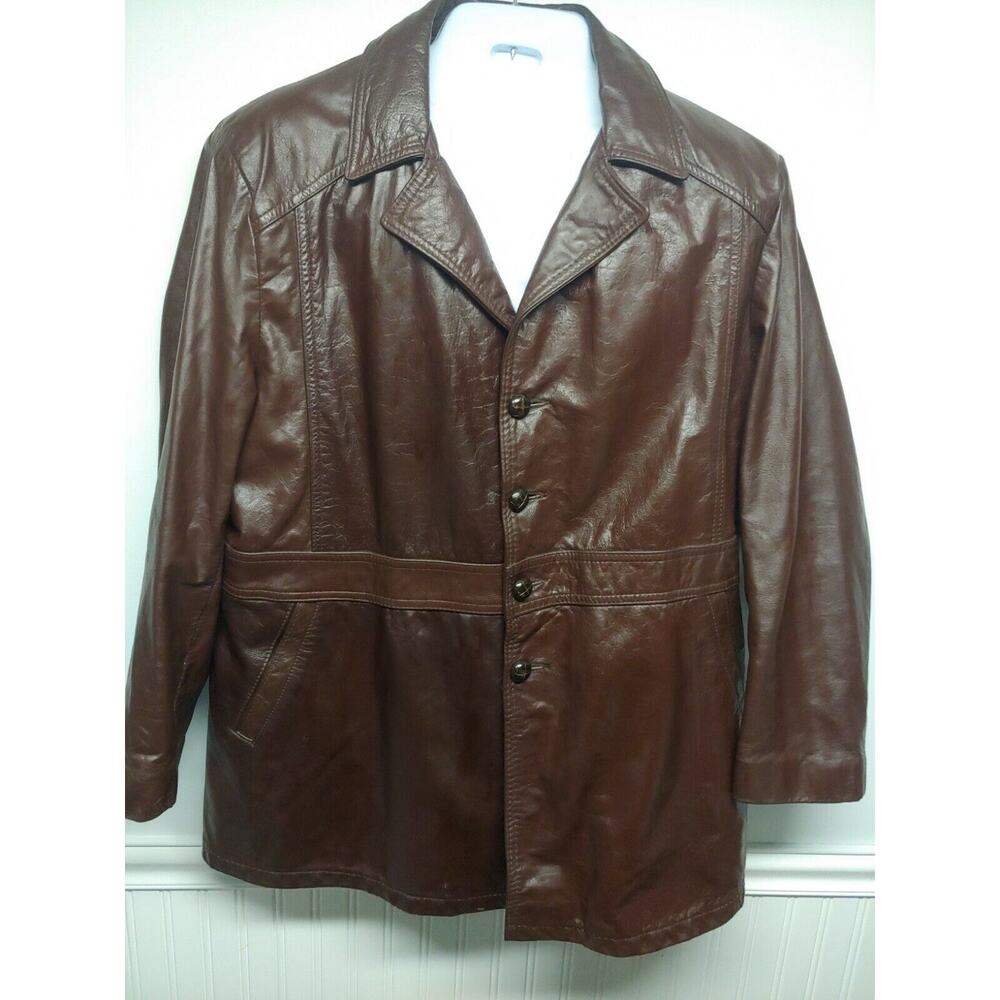 Vtg 70s Gino Leather Men Coat 44 Burgandy Button Front Detach Liner Point Collar